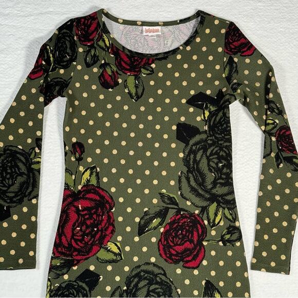 LuLaRoe Olive Green Debbie Metallic Gold Polka Dot Rose Floral Women’s Size XS - Picture 2 of 11